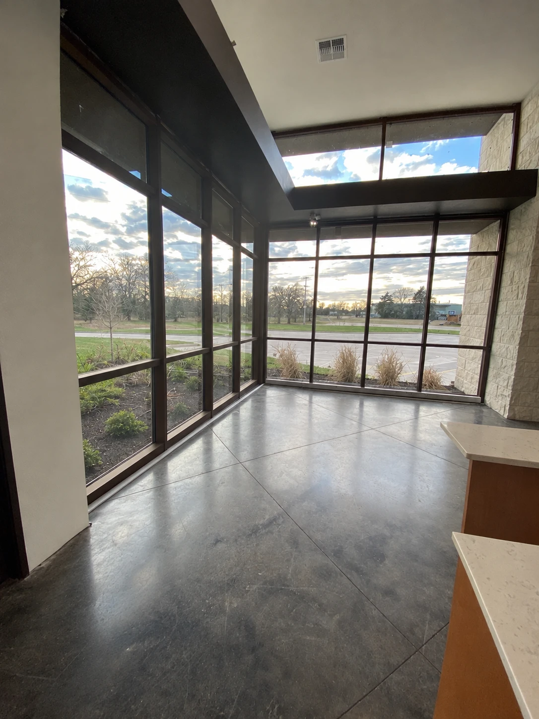 Dark-framed corner glazing with upper windows and planting beds outside.