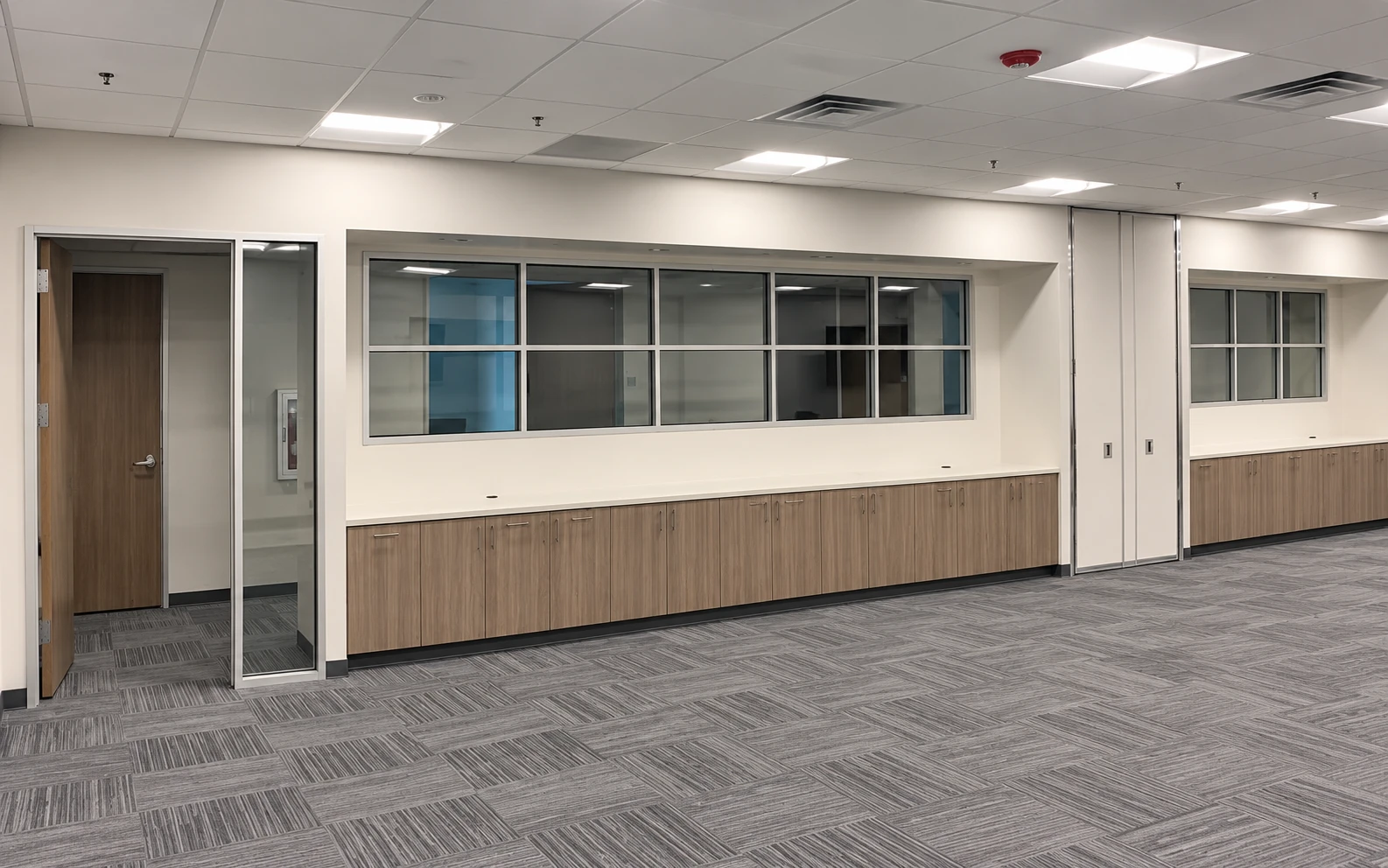 Interior office windows with aluminum framing and an adjoining door sidelight.
